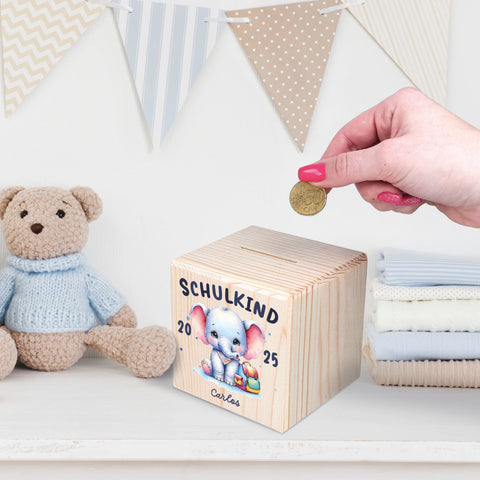 Spardose aus Holz - Schulkind