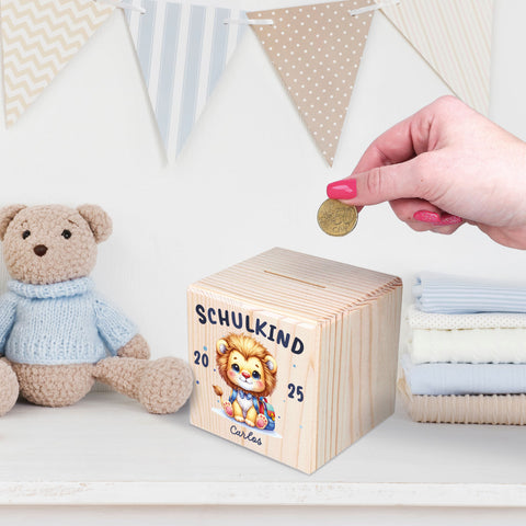 Spardose aus Holz - Schulkind