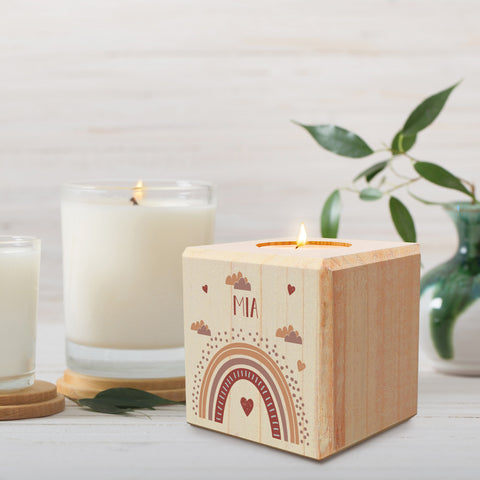 Teelichthalter aus Holz mit UV Druck - Regenbogen Design - Personalisiert mit Namen
