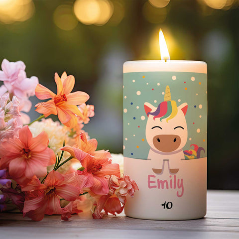 Kleine Geburtstagskerze "Cartoon Einhorn" mit Namen und Alter