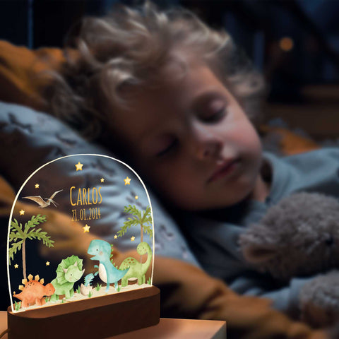 Kinder LED Nachtlicht mit Sockel aus Holz - "Dinogruppe"