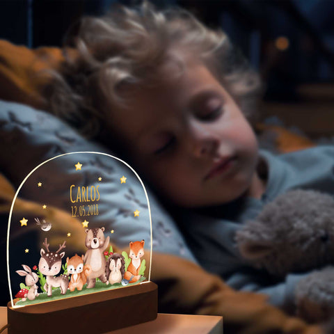 Kinder LED Nachtlicht mit Sockel aus Holz - "Tiergruppe Waldtiere"
