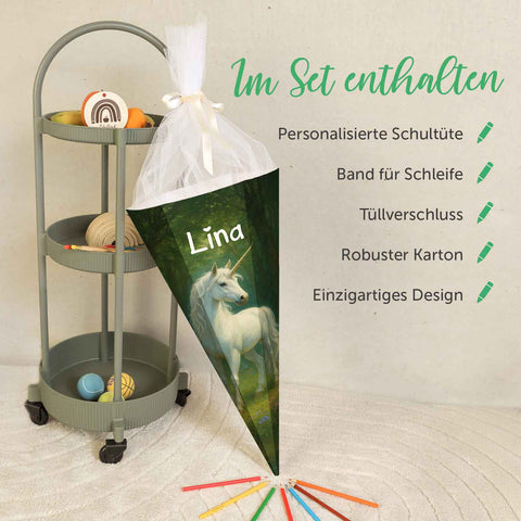 Bedruckte Schultüte mit Namen - Einhorn Wald