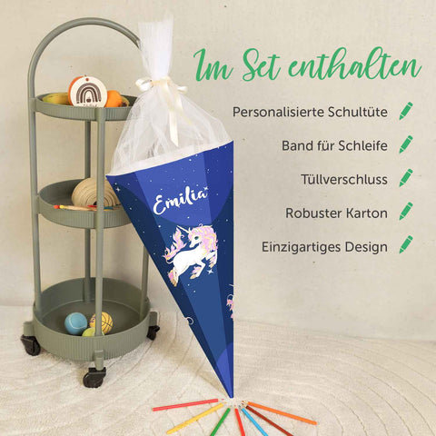 Bedruckte Schultüte mit Namen - Einhorn