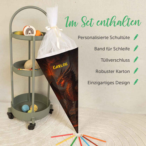 Bedruckte Schultüte mit Namen - Feuerdrache