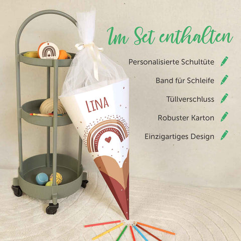 Bedruckte Schultüte mit Namen - Regenbogen