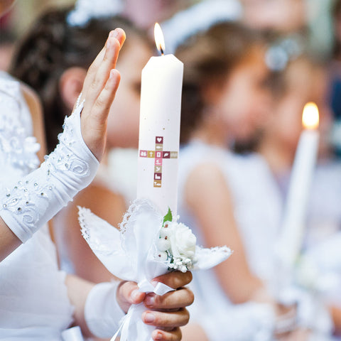 Stabkerze "Kreuz Symbole"- Kommunion Kerze mit Namen & Datum
