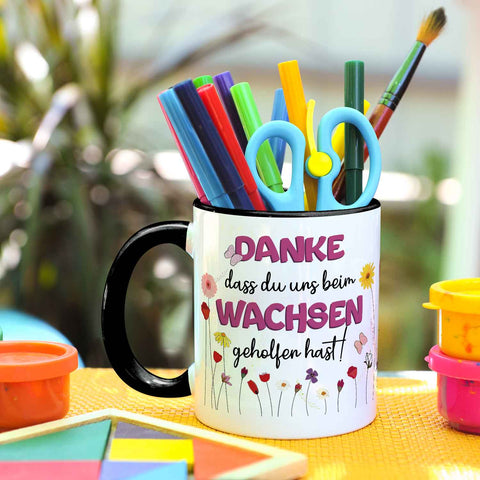 Bedruckte Tasse mit Spruch - "Danke dass du uns beim Wachsen geholfen hast"