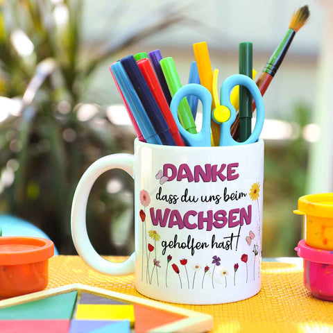 Bedruckte Tasse mit Spruch - "Danke dass du uns beim Wachsen geholfen hast"