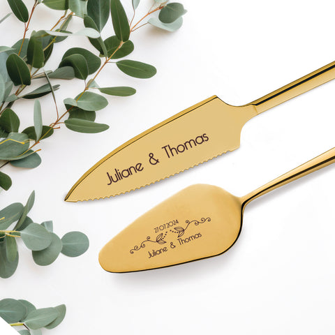 Tortenbesteck im Set - Blumenranke - Mit persönlicher Gravur als Geschenk zur Hochzeit