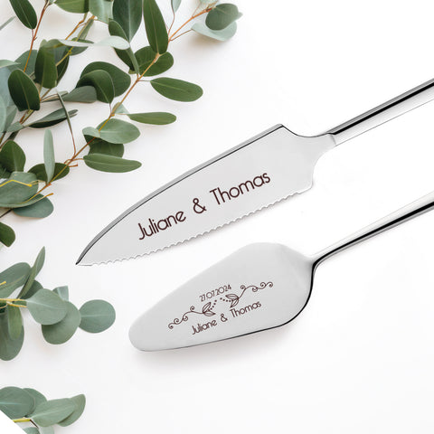 Tortenbesteck im Set - Blumenranke - Mit persönlicher Gravur als Geschenk zur Hochzeit