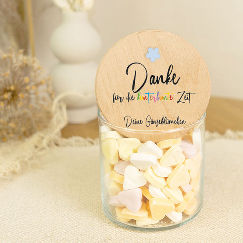 Bedrucktes Vorratsglas mit Holzdeckel - Danke für die kunterbunte Zeit