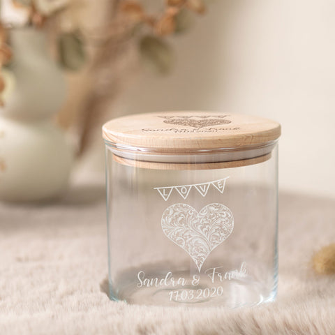 Graviertes Vorratsglas mit Holzdeckel - Zur Hochzeit
