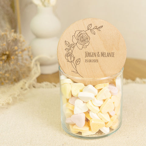 Graviertes Vorratsglas mit Holzdeckel - Rose