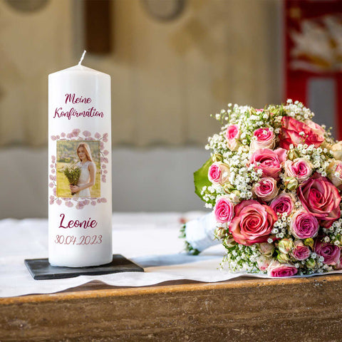 Große Kerze "Konfirmation, Kommunion & Taufe" mit Foto, Namen, Datum und Wunschtext