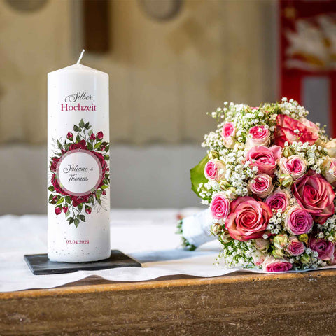 Große Kerze "Silber Hochzeit" - Hochzeitskerze mit Namen, Datum & Wunschtext zur Silberhochzeit