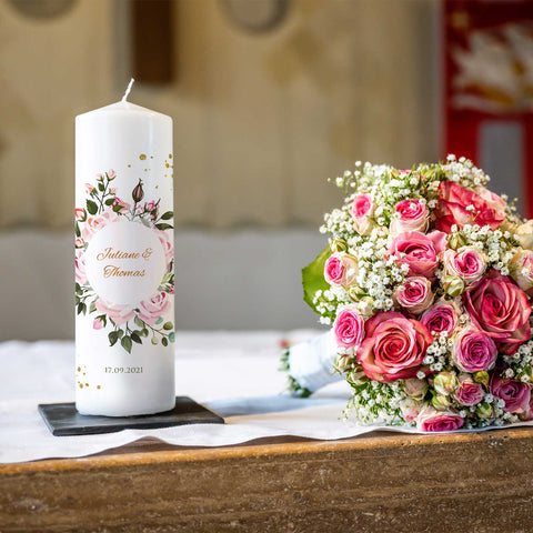 Große Kerze "Summer & Flower" - Hochzeitskerze mit Namen, Datum & Wunschtext