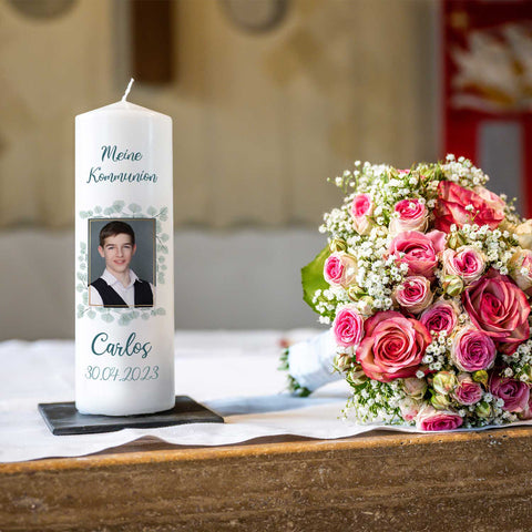 Große Kerze "Konfirmation, Kommunion & Taufe" mit Foto, Namen, Datum und Wunschtext