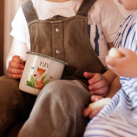 Emaille Tasse für Kinder - Personalisiert mit Namen - Tiergruppe Waldtiere