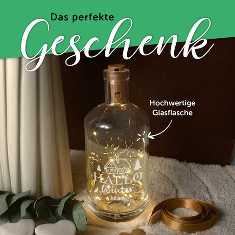 Flaschenlicht mit LED-Lichterkette im Hallo Winter Design - Personalisiert mit Namen