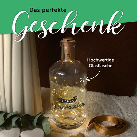 Flaschenlicht mit LED-Lichterkette und UV Druck - Goldenes Geschenk Design - Weihnachtsdekoration