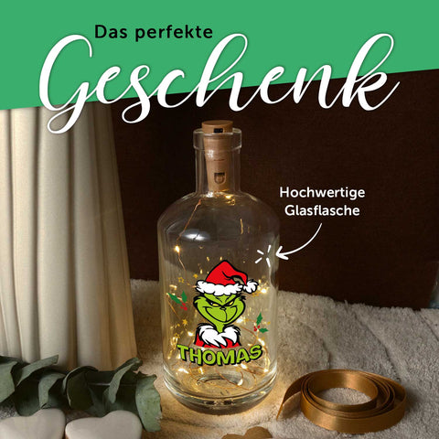 Flaschenlicht mit LED Licht und UV Druck "Grinch" für Frauen und Männer - Personalisiert mit Name
