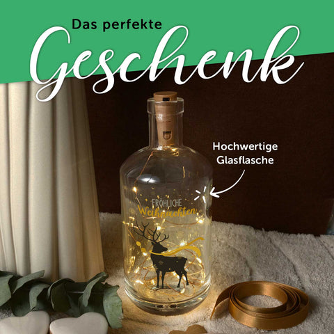Flaschenlicht mit LED-Lichterkette und UV Druck - Hirsch Gold Design - Weihnachtsdekoration