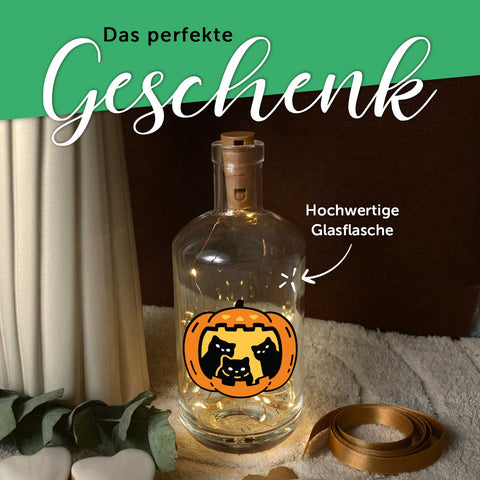 Flaschenlicht mit LED-Lichterkette im Halloween Kürbis Katzen UV Design
