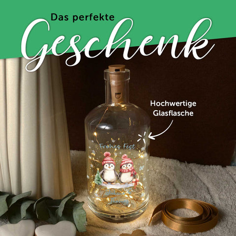 Flaschenlicht mit LED-Lichterkette und UV Druck - Pinguine Design - Personalisiert mit Name