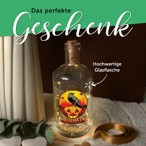 Flaschenlicht mit LED-Lichterkette im Halloween Rabe UV Design