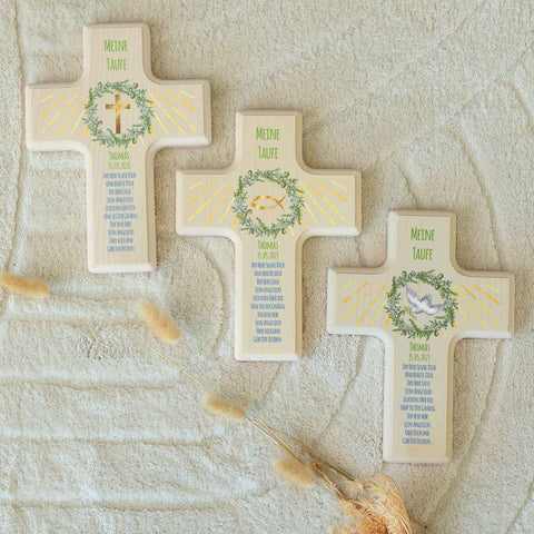 Personalisierbares Holzkreuz zur Taufe Konfirmation und Kommunion - Kranz Design