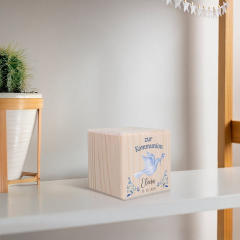 Spardose aus Holz - Taube Blau