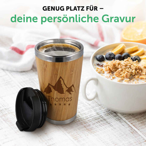 Kaffeebecher aus Bambus mit Gravur - Verschiedene Motive mit eigenem Namen