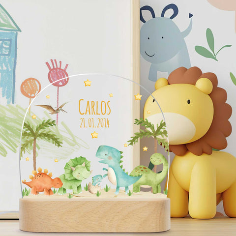 Kinder LED Nachtlicht mit Sockel aus Holz - "Dinogruppe"