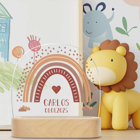Kinder LED Nachtlicht mit Sockel aus Holz im Regenbogen Design