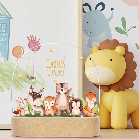 Kinder LED Nachtlicht mit Sockel aus Holz - "Tiergruppe Waldtiere"
