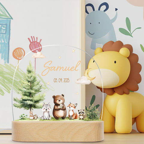 Kinder LED Nachtlicht mit Sockel aus Holz - "Waldfreunde"