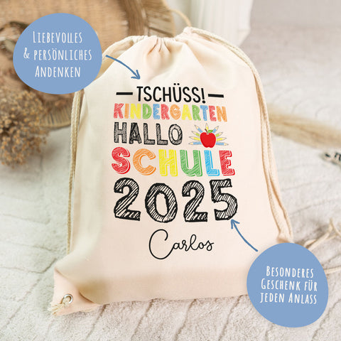 Turnbeutel für Kinder - Tschüss Kindergarten Hallo Schule - zur Einschulung