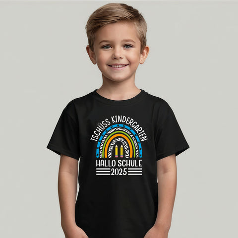 Bedrucktes T-Shirt für Kinder - Tschüss Kindergarten 2025 Regenbogen Blau