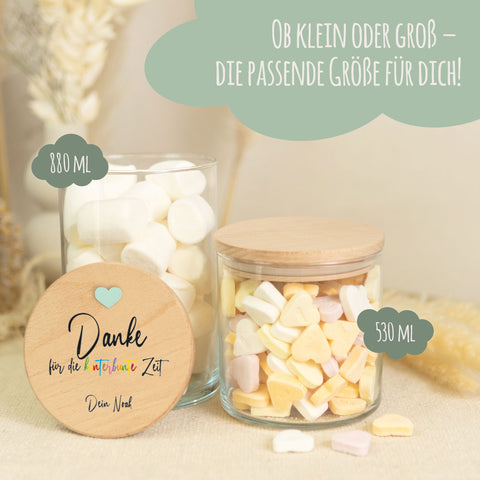 Bedrucktes Vorratsglas mit Holzdeckel - Danke für die kunterbunte Zeit
