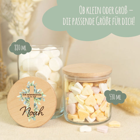 Bedrucktes Vorratsglas mit Holzdeckel - Konfirmation Kreuz