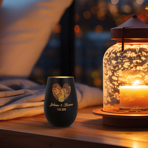 Deko Windlicht aus Glas mit Gravur - Herz Fingerabdruck - Personalisiert mit Namen & Datum