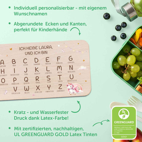 Frühstücksbrettchen mit Druckmotiv & Name - ABC Einhorn