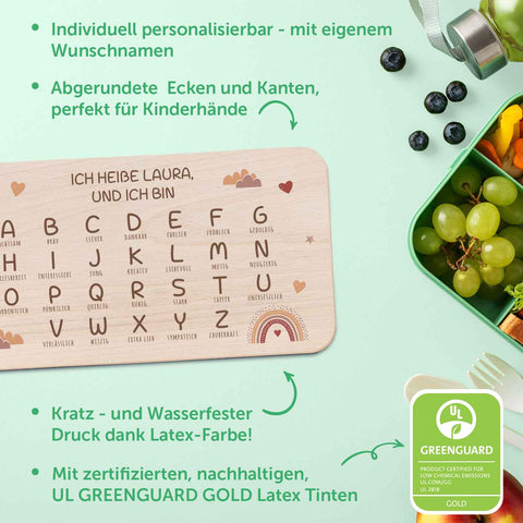 Frühstücksbrettchen mit Druckmotiv & Name - Regenbogen ABC
