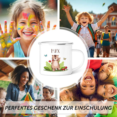 Emaille Tasse für Kinder - Personalisiert mit Namen - Tiergruppe Waldtiere