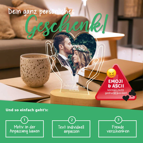 Beleuchtetes LED Acrylglas mit Foto, Namen & Datum - Herz in Händen