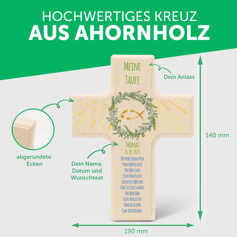 Personalisierbares Holzkreuz zur Taufe Konfirmation und Kommunion - Kranz Design