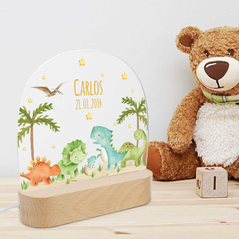 Kinder LED Nachtlicht mit Sockel aus Holz - "Dinogruppe"