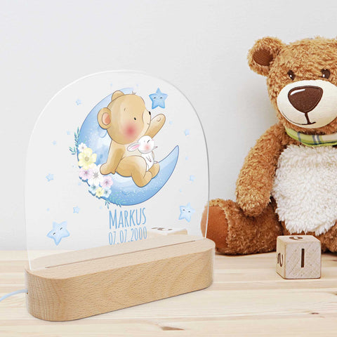 Kinder LED Nachtlicht mit Sockel aus Holz - "Mond Tiere"