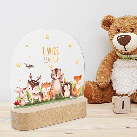 Kinder LED Nachtlicht mit Sockel aus Holz - "Tiergruppe Waldtiere"
